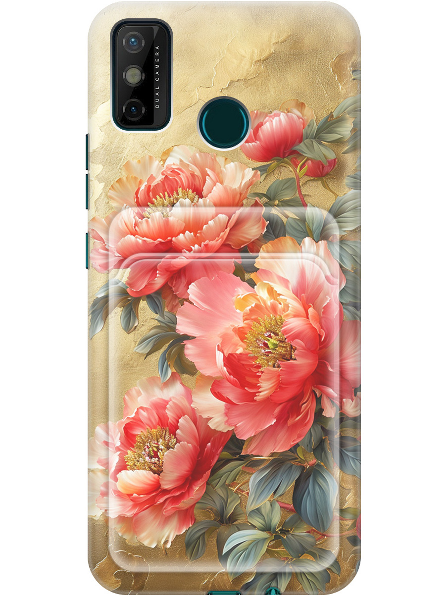 

Силиконовый чехол на Tecno Spark 6 Go с принтом "Винтажные пионы" с карманом для карты, Прозрачный;зеленый;золотистый;красный, 741735623