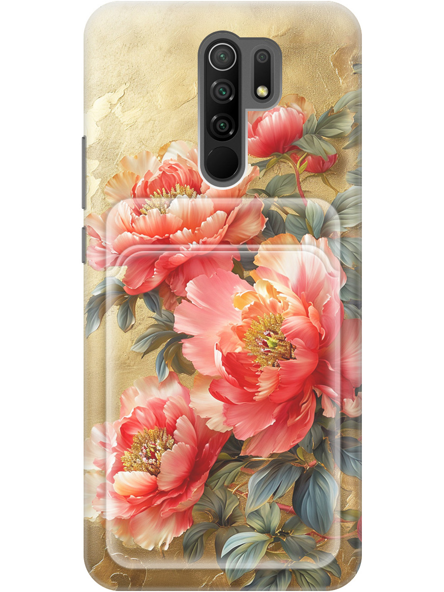 

Силиконовый чехол на Xiaomi Redmi 9 с принтом "Винтажные пионы" с карманом для карты, Прозрачный;зеленый;золотистый;красный, 723276723