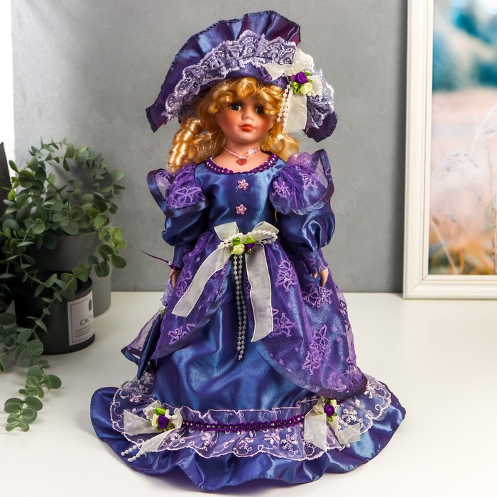 фото Кукла коллекционная керамика "леди лилия в ярко-синем платье с кружевом" 40 см nobrand