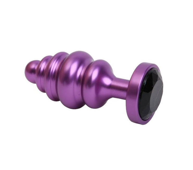 Фиолетовая ребристая анальная пробка с чёрным кристаллом 7,3 см