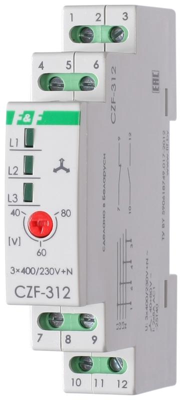 Реле контроля и наличия фаз CZF-312 (3х400/230+N 2х8А 1Z 1R IP20) F&F EA04.001.007