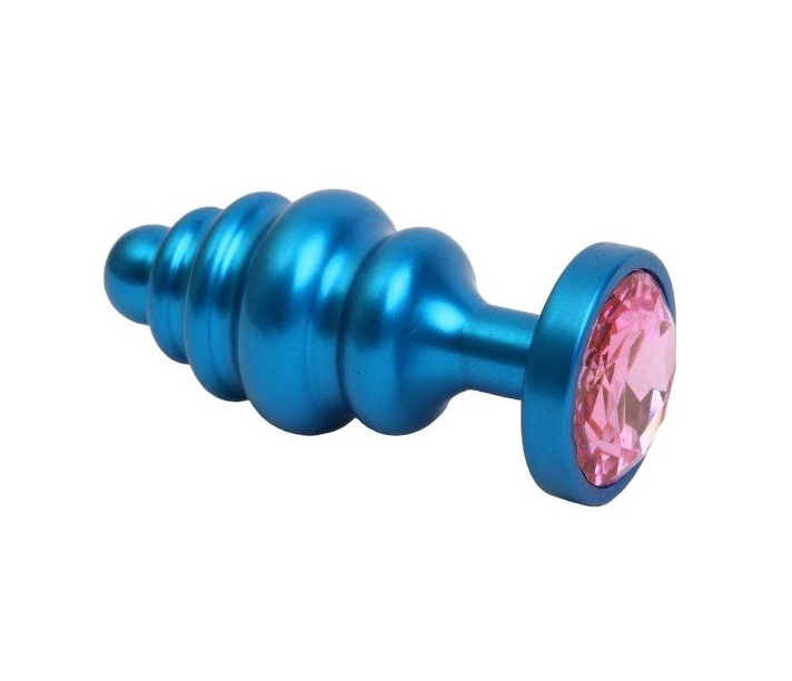 Синяя ребристая анальная пробка с розовым кристаллом 7,3 см