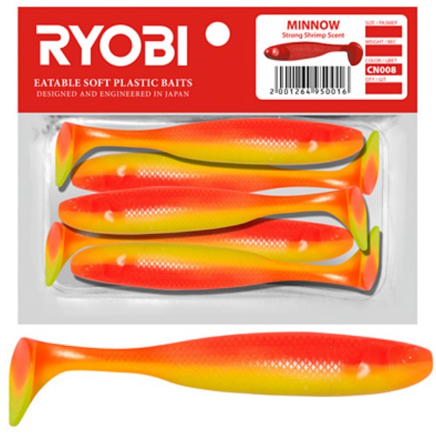 

Мягкая силиконовая приманка риппер Ryobi Minnow 95mm, 5 шт., cn008 jungle cock, Красный;оранжевый, Minnow
