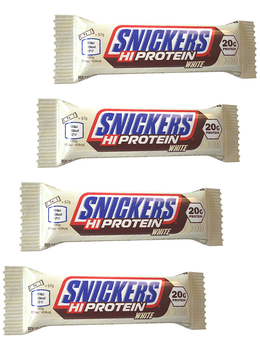 фото Snickers протеиновый батончик в белом шоколаде hi protein white bar 57г х 4шт /20г белка/