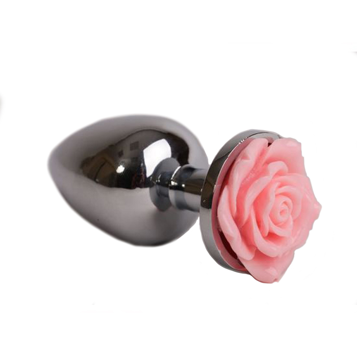 Серебристая анальная пробка со светло-розовой розочкой 8 см