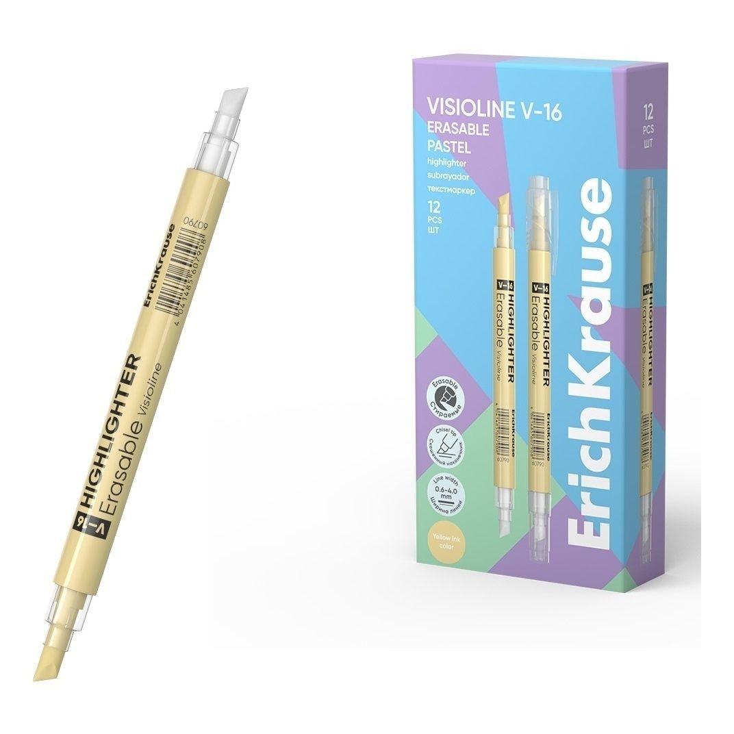 Текстовыделитель двухсторонний стираемый ErichKrause Visioline V-16 Erasable Pastel желтый