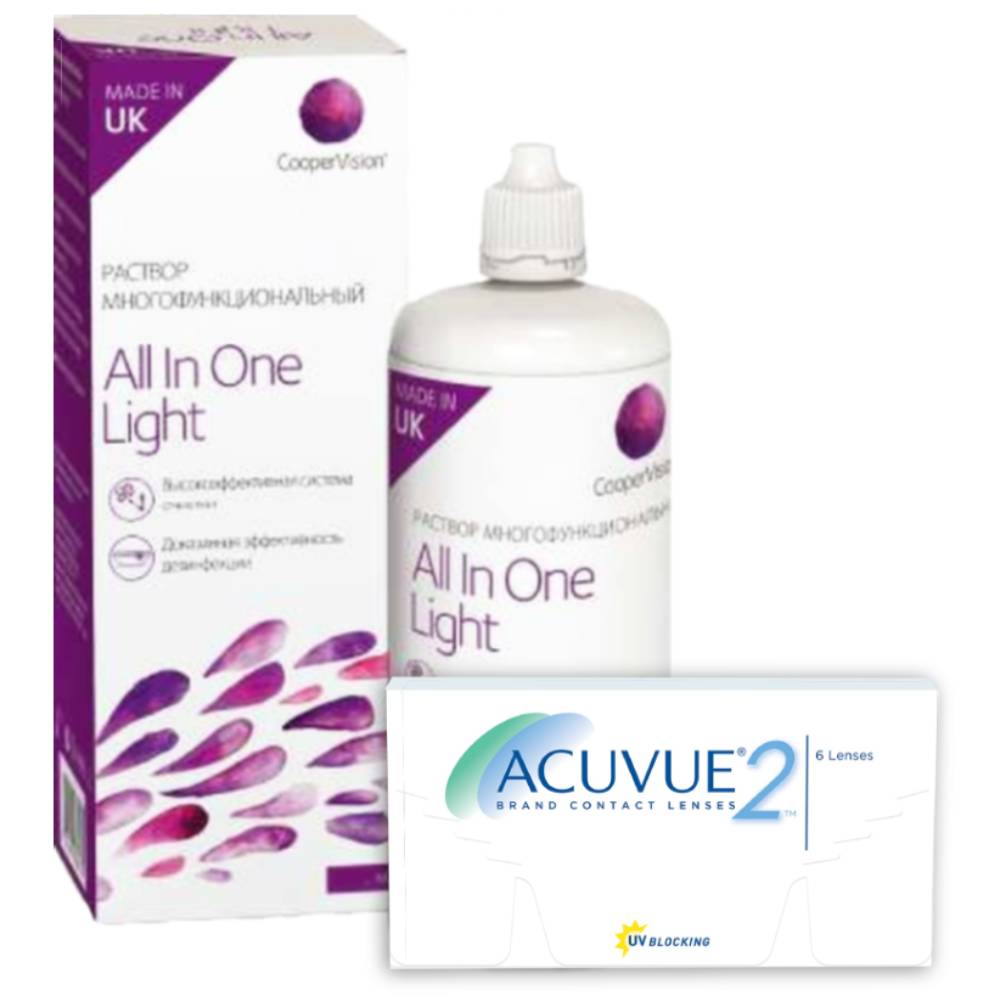 

Набор контактные линзы Acuvue 2 6 линз R 8.7 -3,50 + All in One Light 360 мл, Acuvue 2 6 линз + All in One Light 360 мл