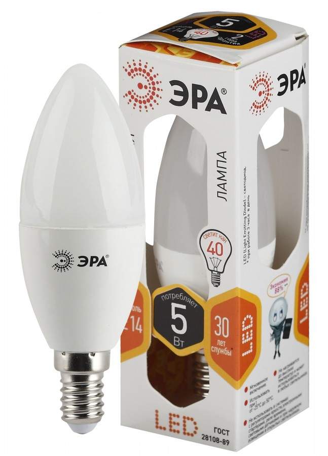 

Лампа светодиодная ЭРА, E14, 5W, 2700K, "Свеча", арт. 582789 - (10 шт.)