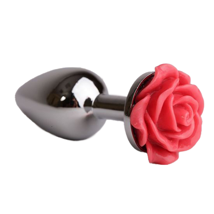 Серебристая анальная пробка с красной розочкой 8 см