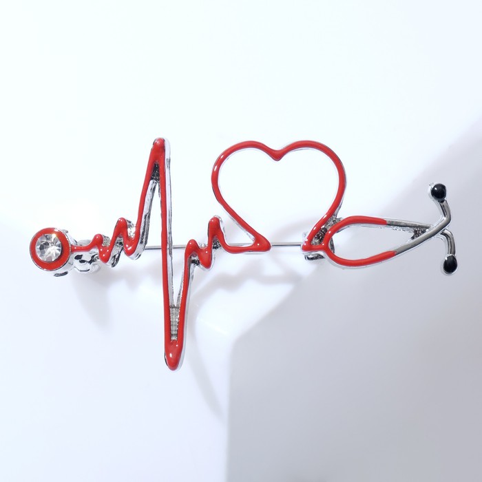 фото Брошь из бижутерного сплава со стразами/эмалью queen fair стетоскоп кардиограмма красный