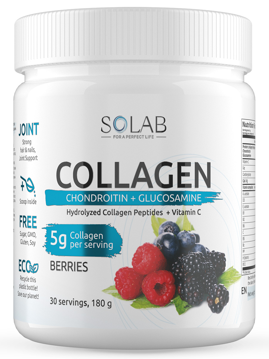 Купить Collagen, Коллаген SOLAB с витамином C, хондроитином и глюкозамином ягодный порошок 180 г