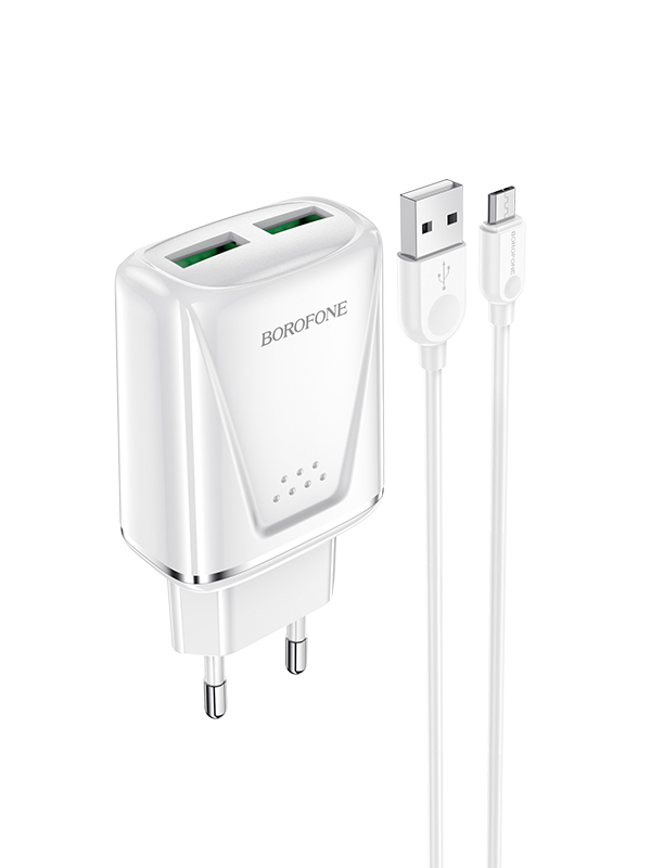 фото Зарядное устройство borofone ba54a wide 2xusb + кабель microusb white 6931474745200