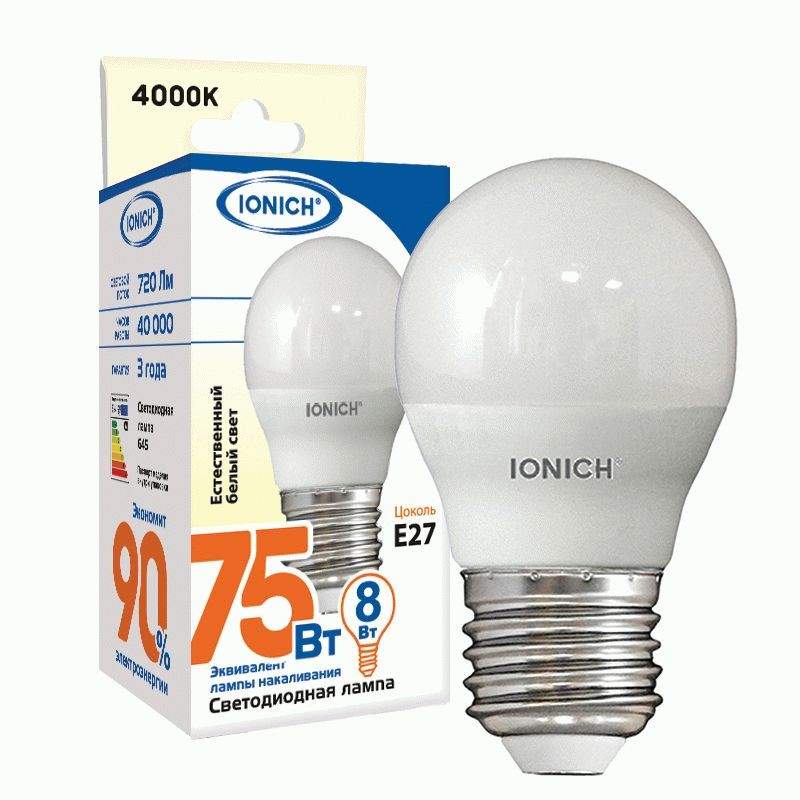 Лампа светодиодная IONICH, E27, 8W, 4000K, 