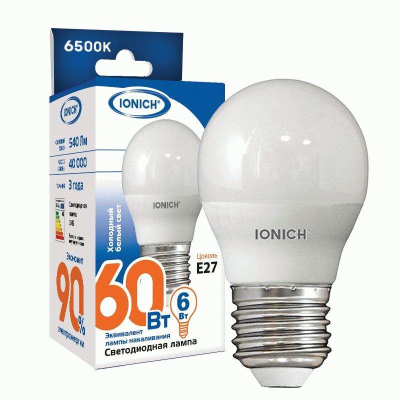 Лампа светодиодная IONICH, E27, 6W, 6500K, 