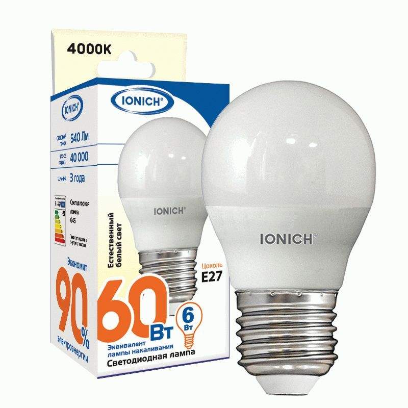 Лампа светодиодная IONICH, E27, 6W, 4000K, 