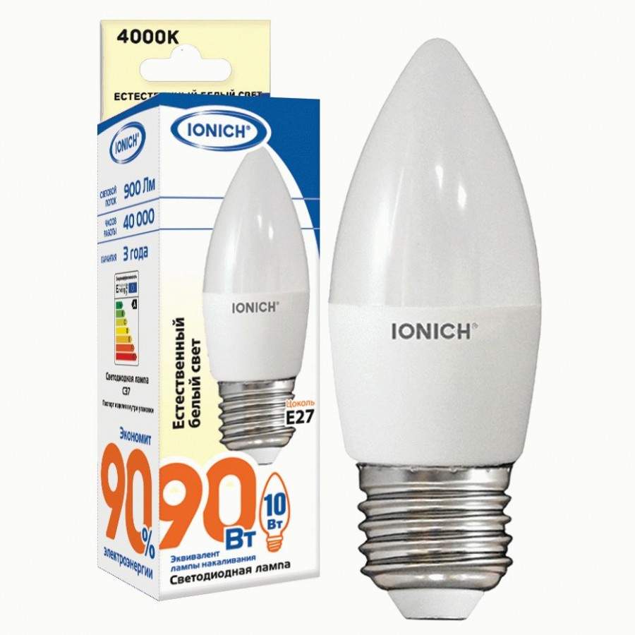 

Лампа светодиодная IONICH, E27, 10W, 4000K, "Свеча", арт. 773252 - (10 шт.)