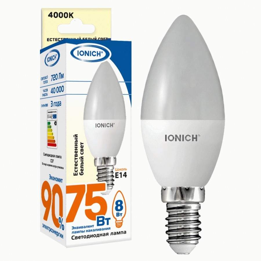 

Лампа светодиодная IONICH, E14, 8W, 4000K, "Свеча", арт. 773260 - (10 шт.)