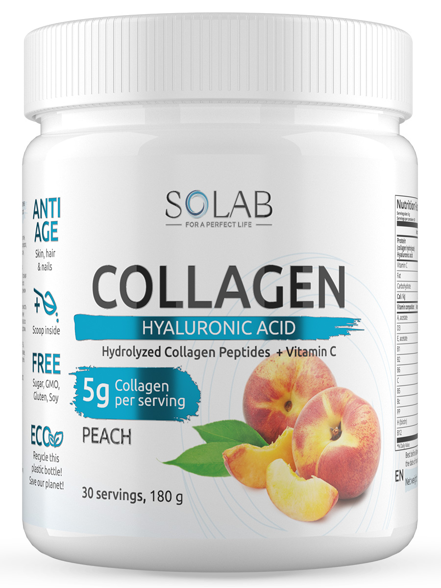 Купить Коллаген с витамином C и гиалуроновой кислотой, Коллаген SOLAB с витамином C и гиалуроновой кислотой персик порошок 180 г