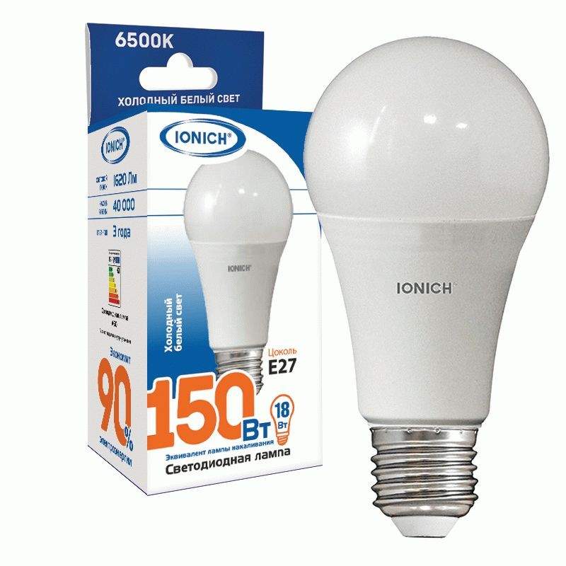 

Лампа светодиодная IONICH, E27, 18W, 6500K, ЛОН ("груша"), арт. 773294 - (10 шт.)