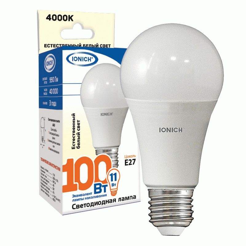 Лампа светодиодная IONICH, E27, 11W, 4000K, ЛОН (