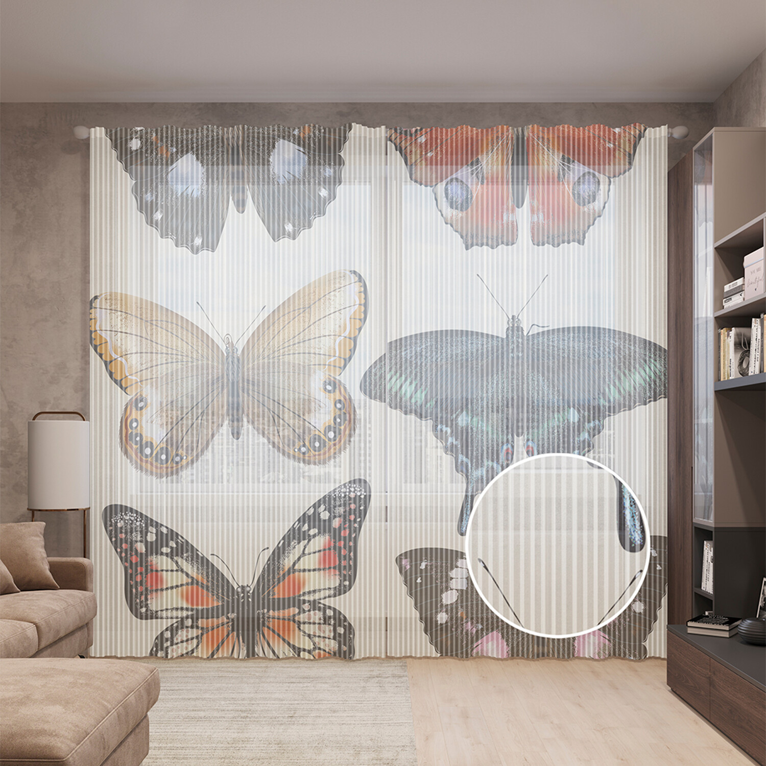 фото Тюль вуаль на шторной ленте с принтом joyarty "коллекция бабочек ретро", 310х265 см