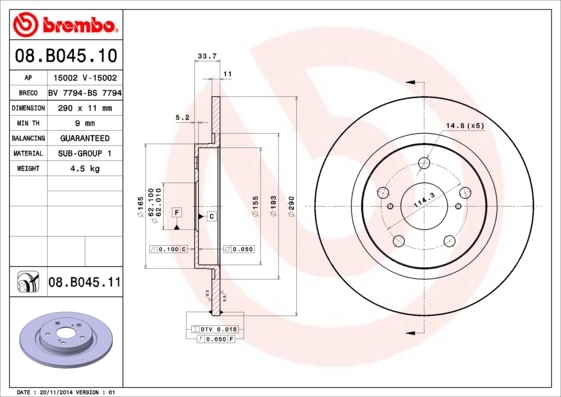 

Тормозной диск brembo 08B04510