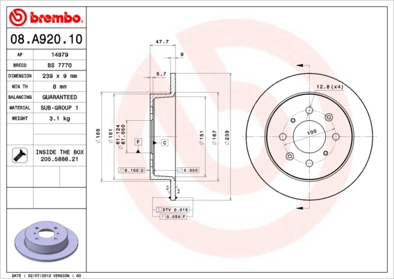 

Тормозной диск brembo 08A92010