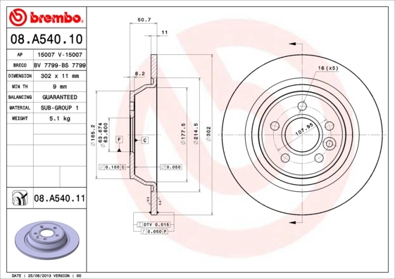 Тормозной диск brembo 08A54011