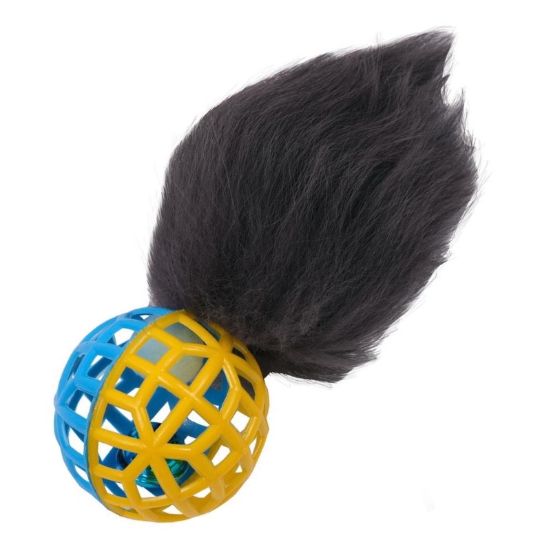 Игрушка для кошек Игруля Мячик-погремушка с хвостиком, синий, мех, пластик, 7 см