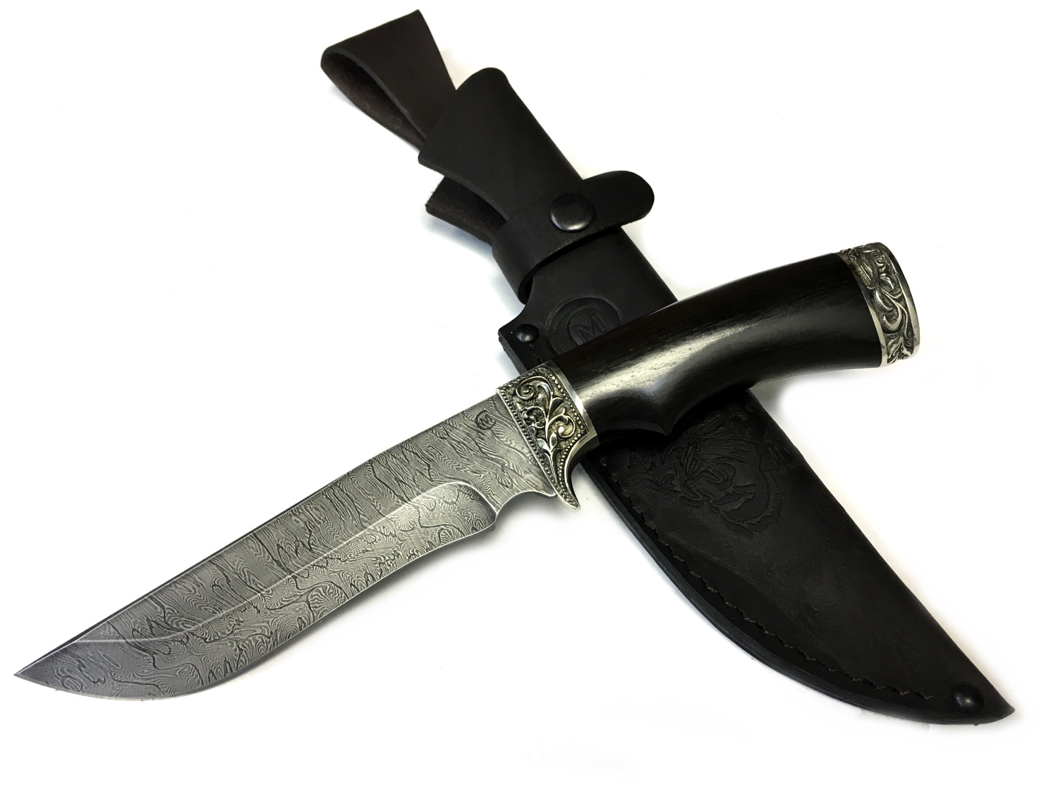 Нож Галеон Семин, дамасская сталь, рукоять черный граб, мельхиор