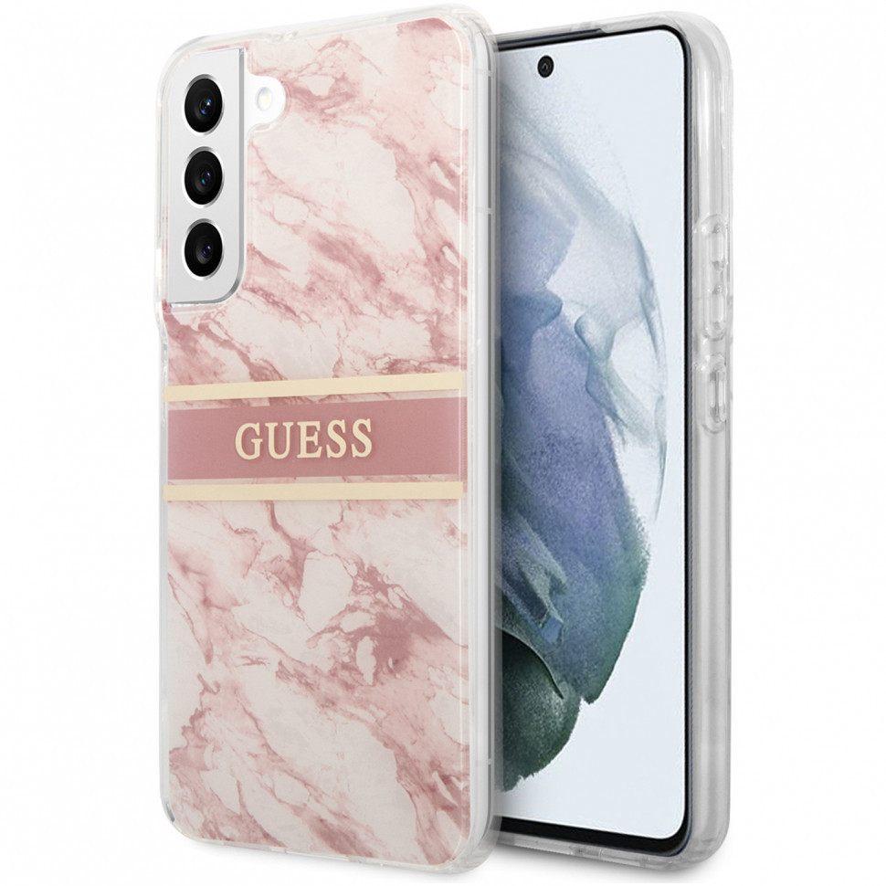 фото Чехол cg mobile guess pc/tpu marble with gold stripe hard для galaxy s22 plus, розовый