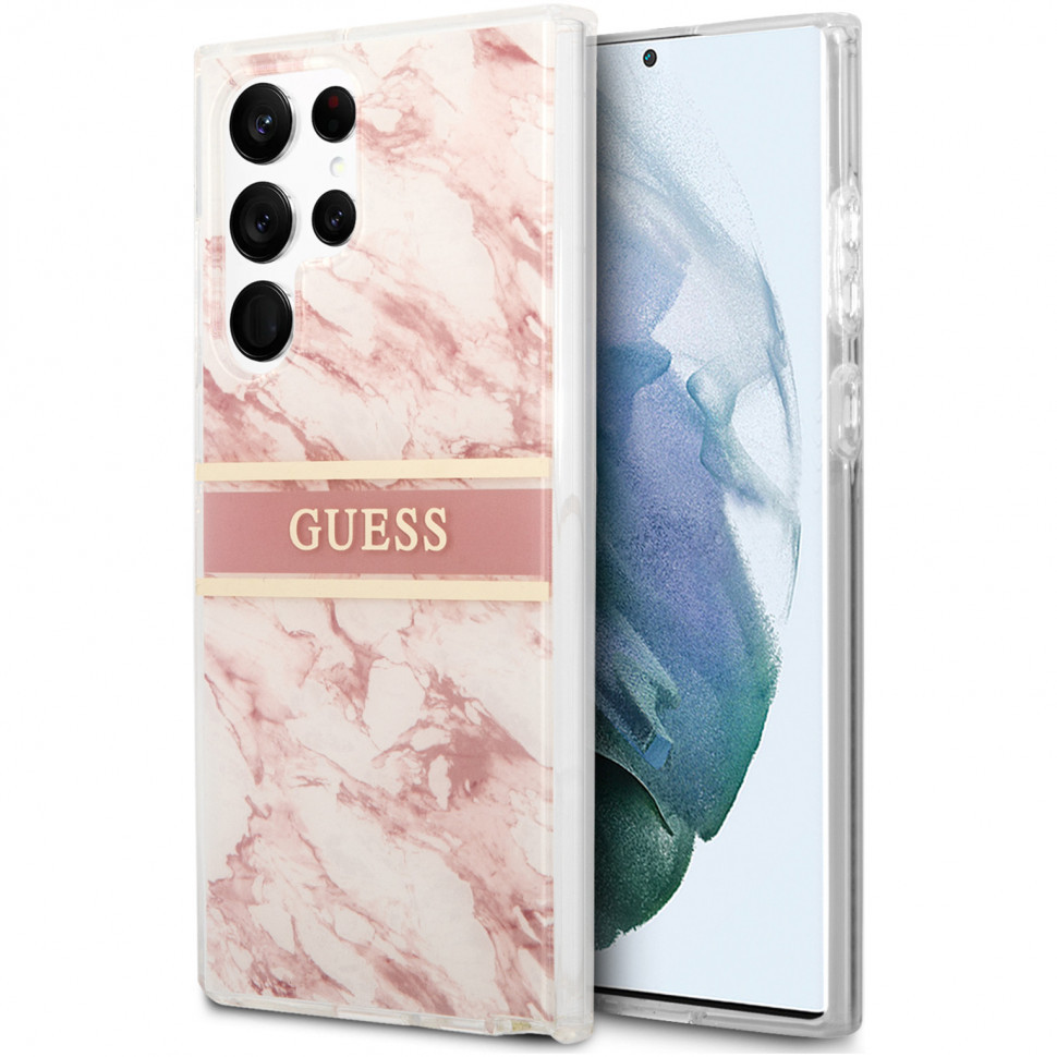 фото Чехол cg mobile guess pc/tpu marble with gold stripe hard для galaxy s22 ultra, розовый