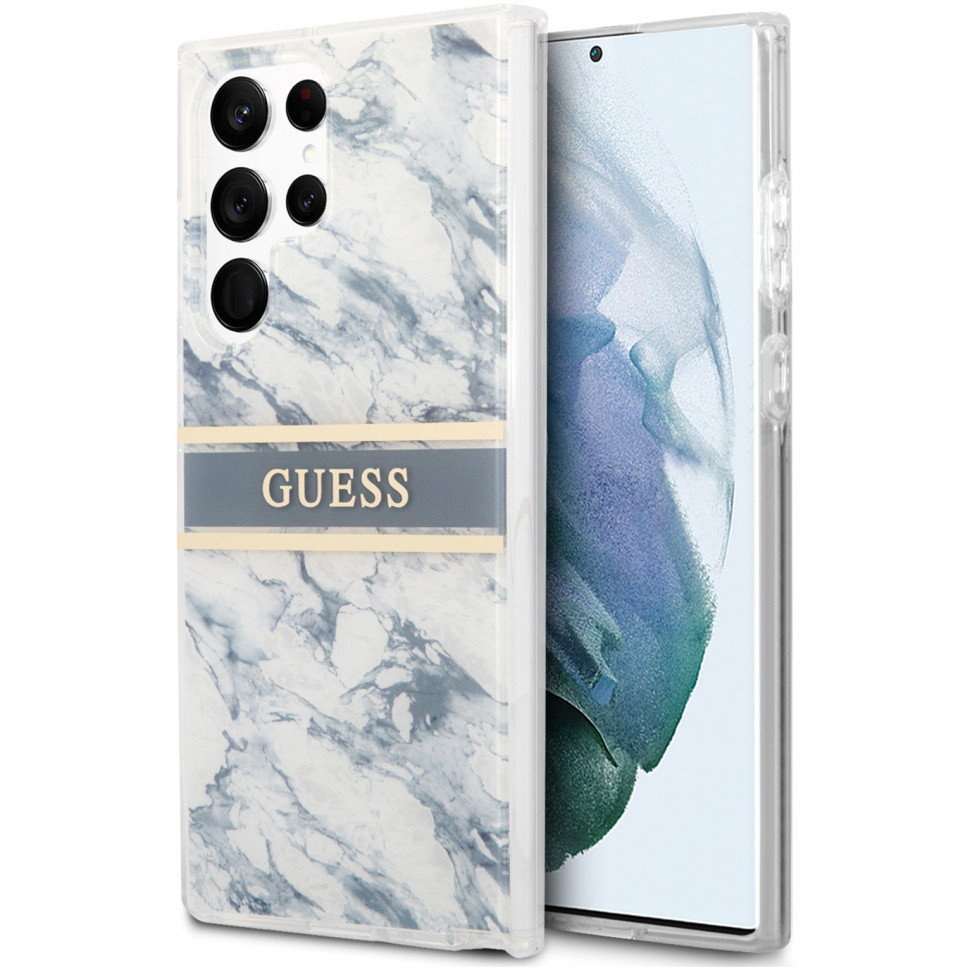 фото Чехол cg mobile guess pc/tpu marble with gold stripe hard для galaxy s22 ultra, синий