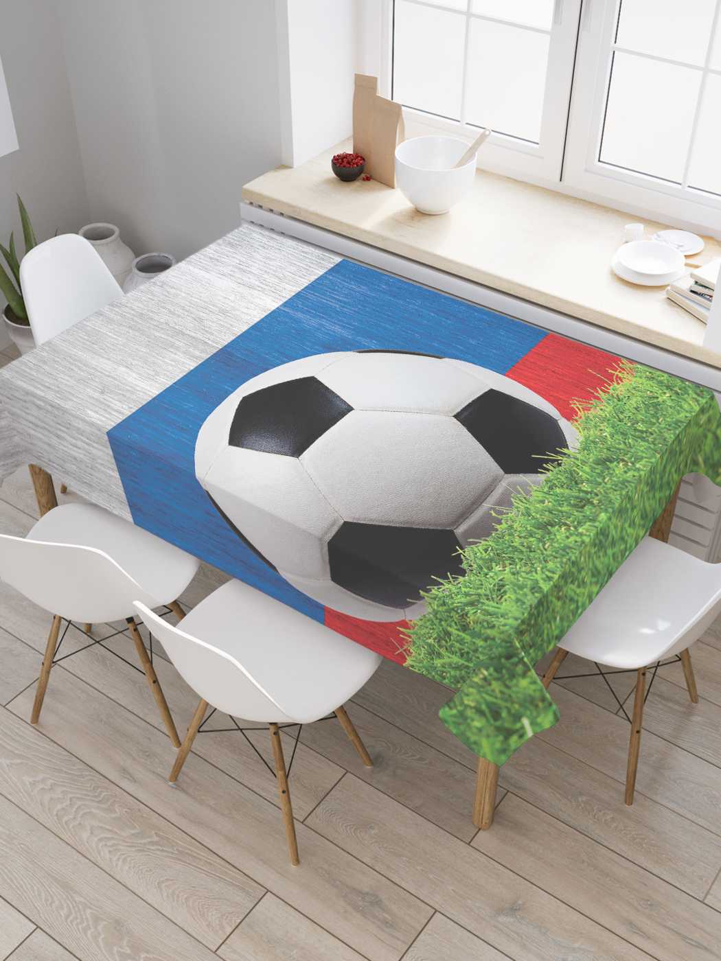фото Скатерть прямоугольная joyarty "футбольная страна" из сатена, 120x145 см