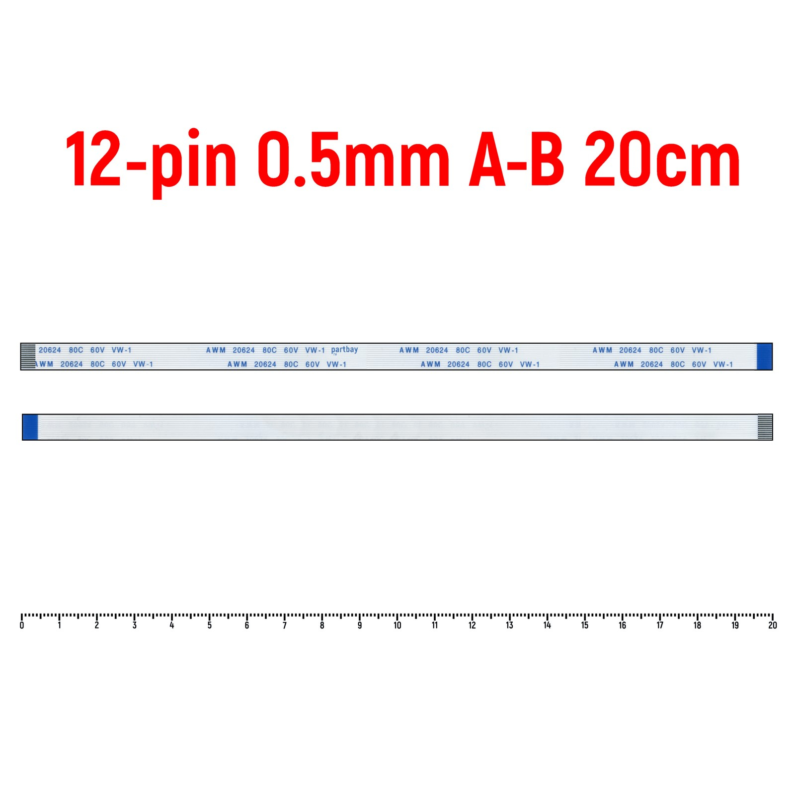 Шлейф FFC 12-pin Шаг 0.5mm Длина 20cm Обратный A-B AWM 20624 80C 60V VW-1