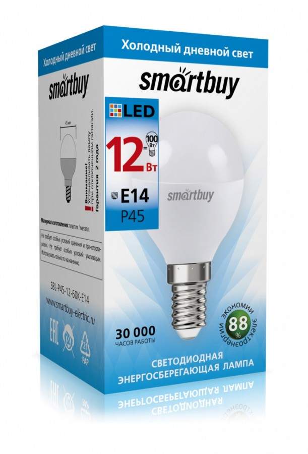 фото Лампа светодиодная smartbuy, e14, 12w, 6000k, "шар", арт. 781482 - (10 шт.)