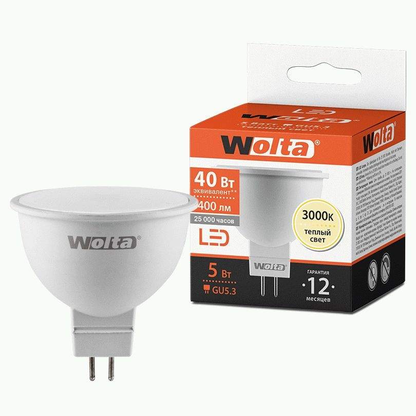 

Лампа светодиодная WOLTA, GU5.3, 5W, 3000K, арт. 779171 - (10 шт.)