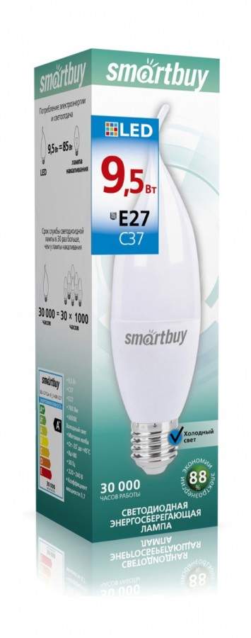 фото Лампа светодиодная smartbuy, e27, 9,5w, 6000k, "свеча на ветру", арт. 781479 - (10 шт.)