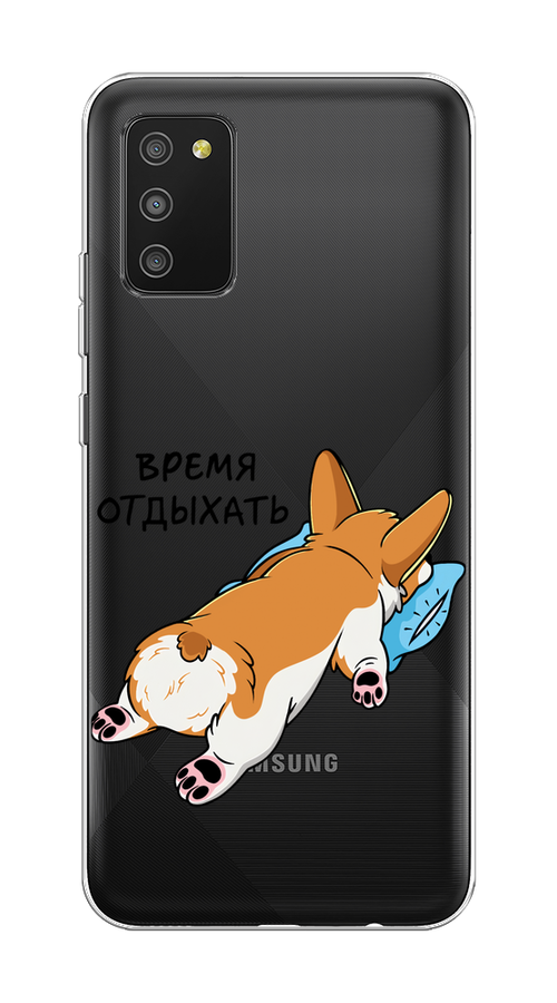 

Чехол на Samsung Galaxy A02s "Корги отдыхает", Черный;коричневый;голубой, 2102350-1