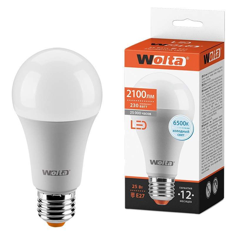 Лампа светодиодная WOLTA, E27, 25W, 6500K, ЛОН (