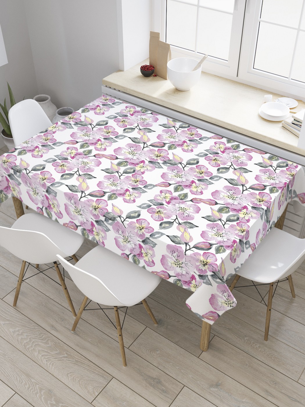 

Скатерть прямоугольная JoyArty "Цветущие ветки" из сатена, 180x145 см, Розовый, Цветущие ветки