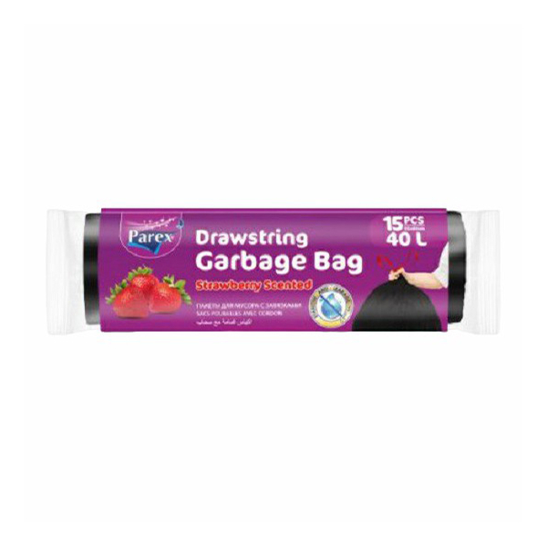 Мешки для мусора Parex с завязками с запахом клубники 40 л черные 15 шт