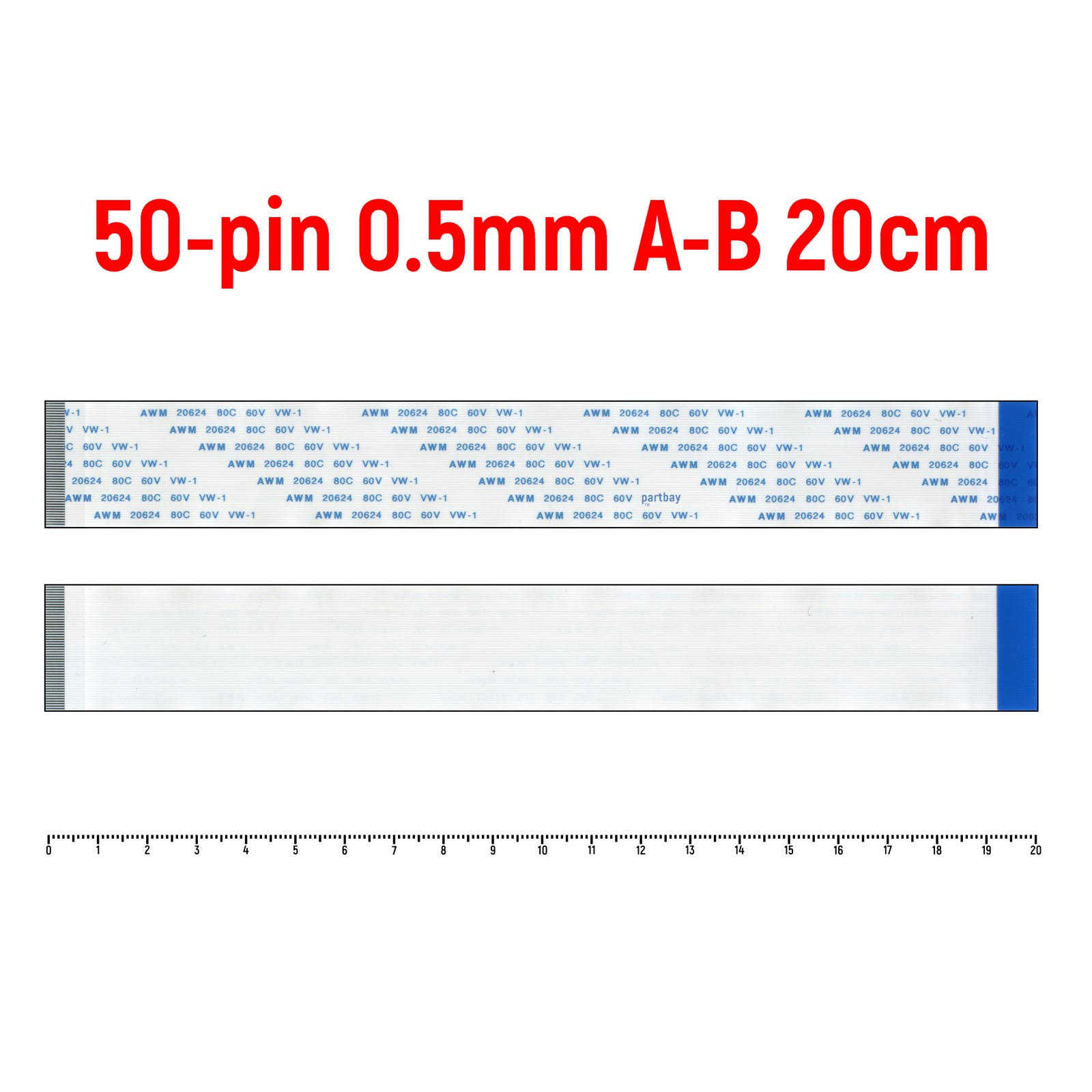 Шлейф FFC 50-pin Шаг 0.5mm Длина 20cm Обратный A-B AWM 20624 80C 60V VW-1 600014722792