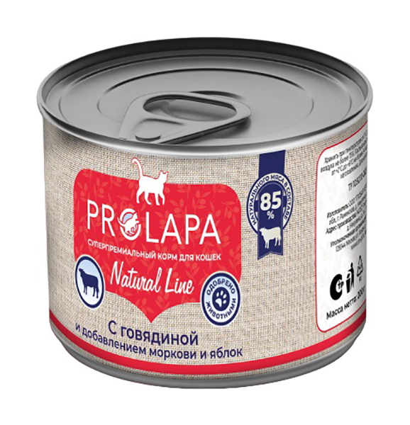 Влажный корм для кошек Prolapa Natural Line, с говядиной, морковью и яблоками, 6x200 г