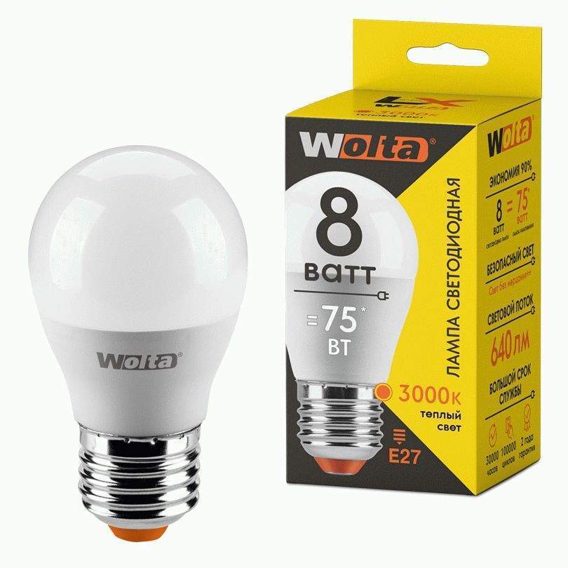 фото Лампа светодиодная wolta, e27, 8w, 3000k, "шар", арт. 731416 - (10 шт.)