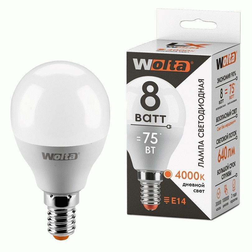 Лампа светодиодная WOLTA, E14, 8W, 4000K, 