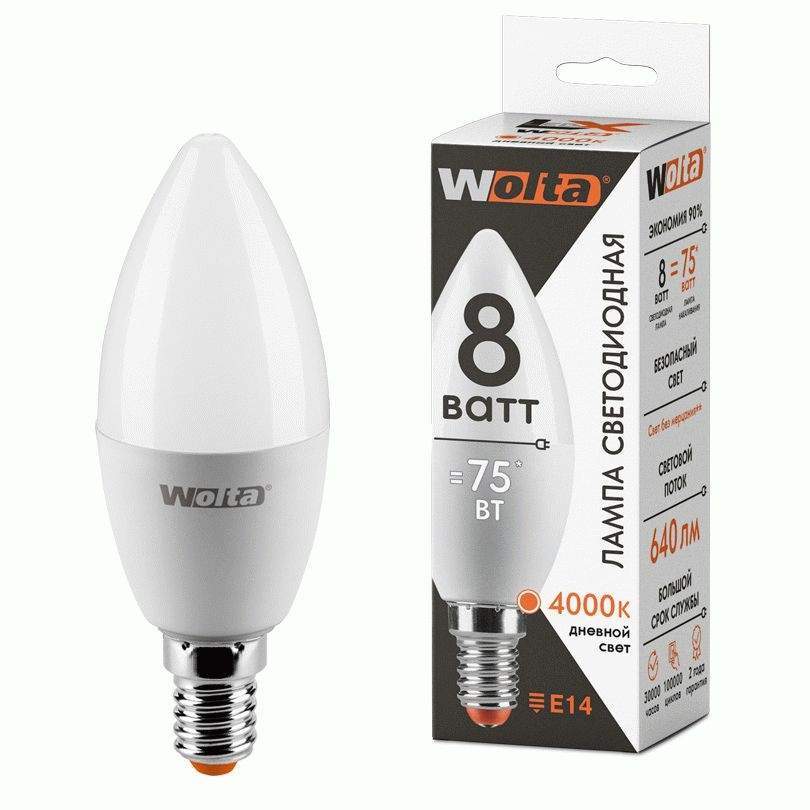 

Лампа светодиодная WOLTA, E14, 8W, 4000K, "Свеча", арт. 731420 - (10 шт.)