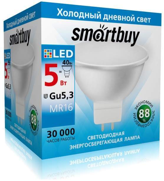 фото Лампа светодиодная smartbuy, gu5.3, 5w, 6000k, арт. 639064 - (10 шт.)