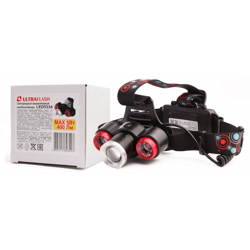 

Фонарь Ultraflash налобный АКК 3,7В, ЧЕРН., 3LED, 5 ВТ, ФОКУС, 2 АК. 4 РЕЖ, USB, БОКС, Черный, 15032