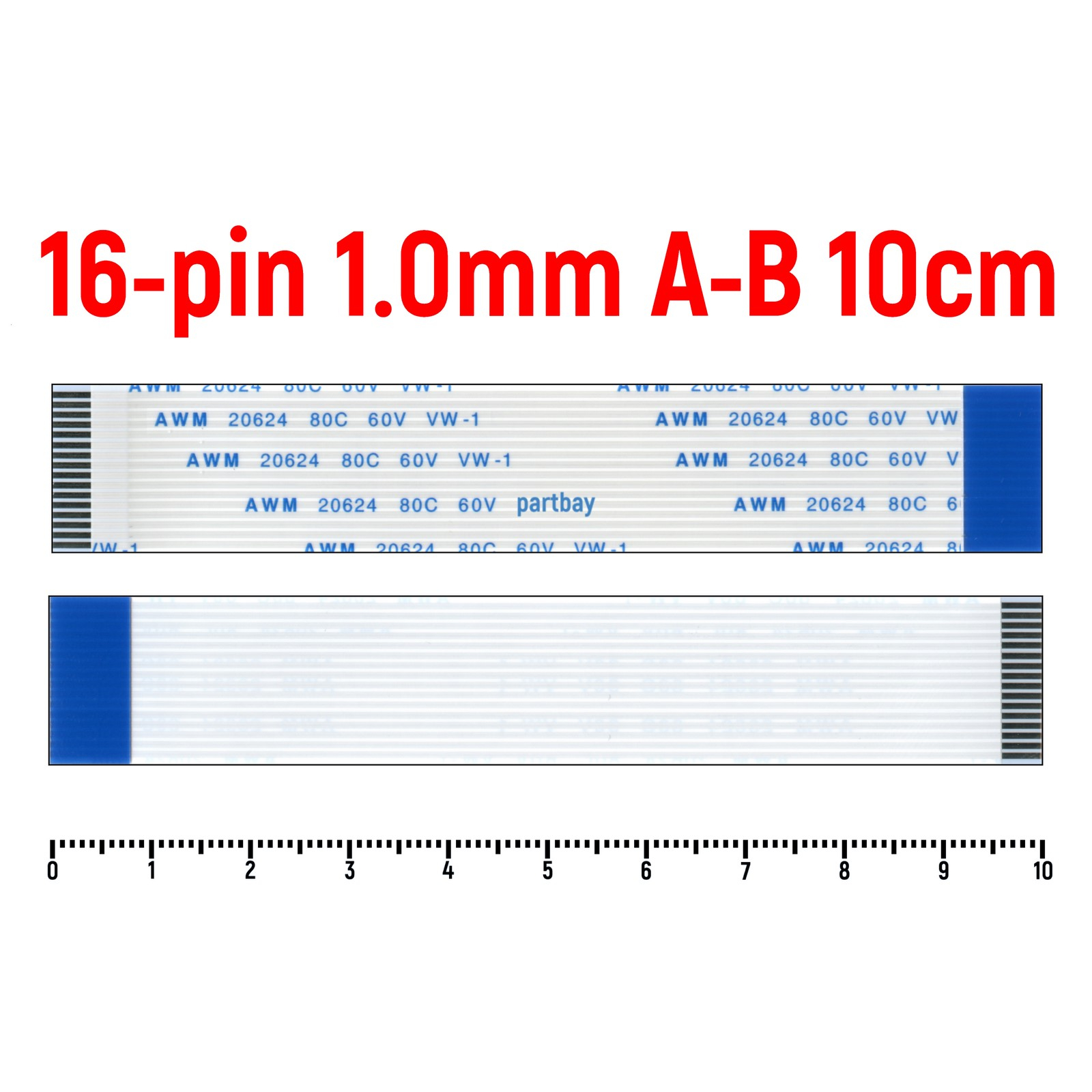 Шлейф FFC 16-pin Шаг 1.0mm Длина 10cm Обратный A-B AWM 20624 80C 60V VW-1 600014722571